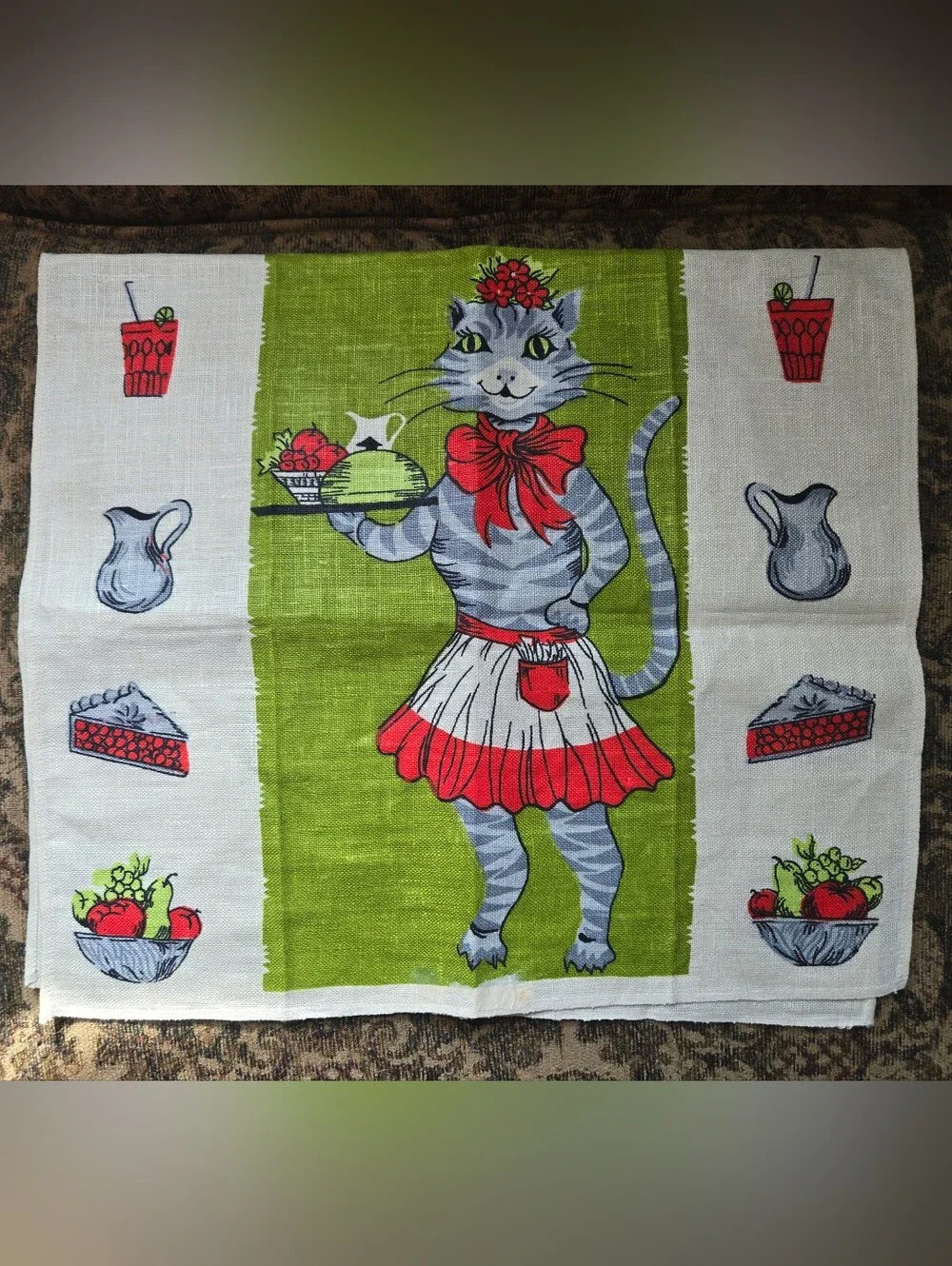 Vintage Pure Linen Parisian Prints Tea Towel Anthropomorphic Cat Waitress 70s